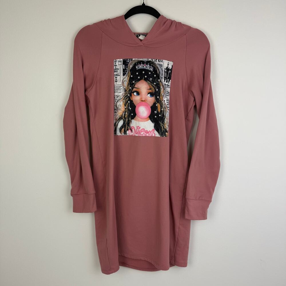 TMG New York Womens Girl Bubble Gum Queen Pearl Graphic Pink Hoodie Dress Medium